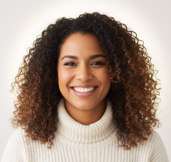 Corretora sorrindo com cabelo cacheado Corretora sorrindo com cabelo cacheado