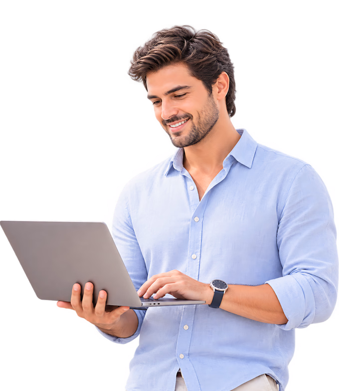 Homem sorridente com laptop