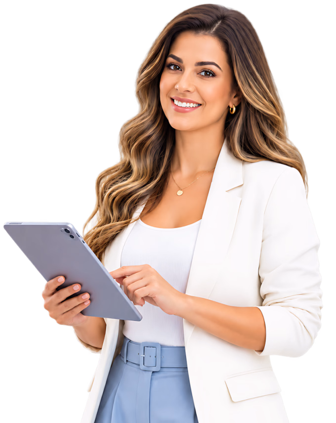 Corretora de blazer branco com tablet