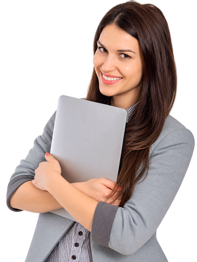 Mulher sorridente segurando um notebook/tablet Mulher sorridente segurando um notebook/tablet