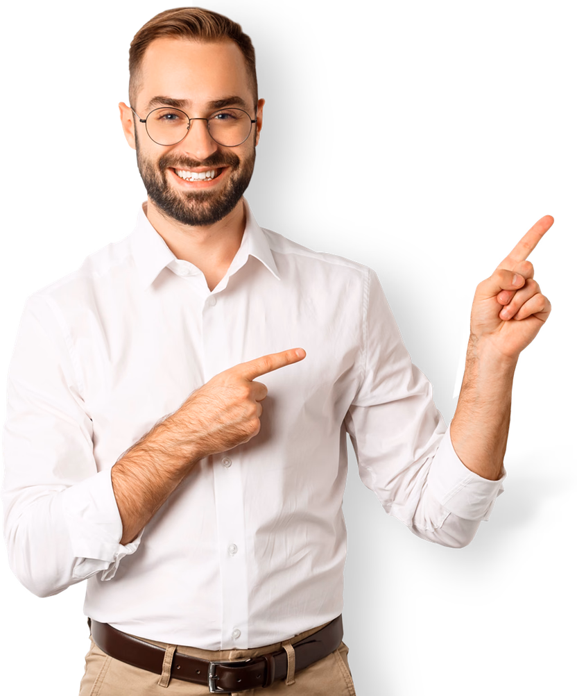 Homem sorrindo apontando para os planos Homem sorrindo apontando para os planos