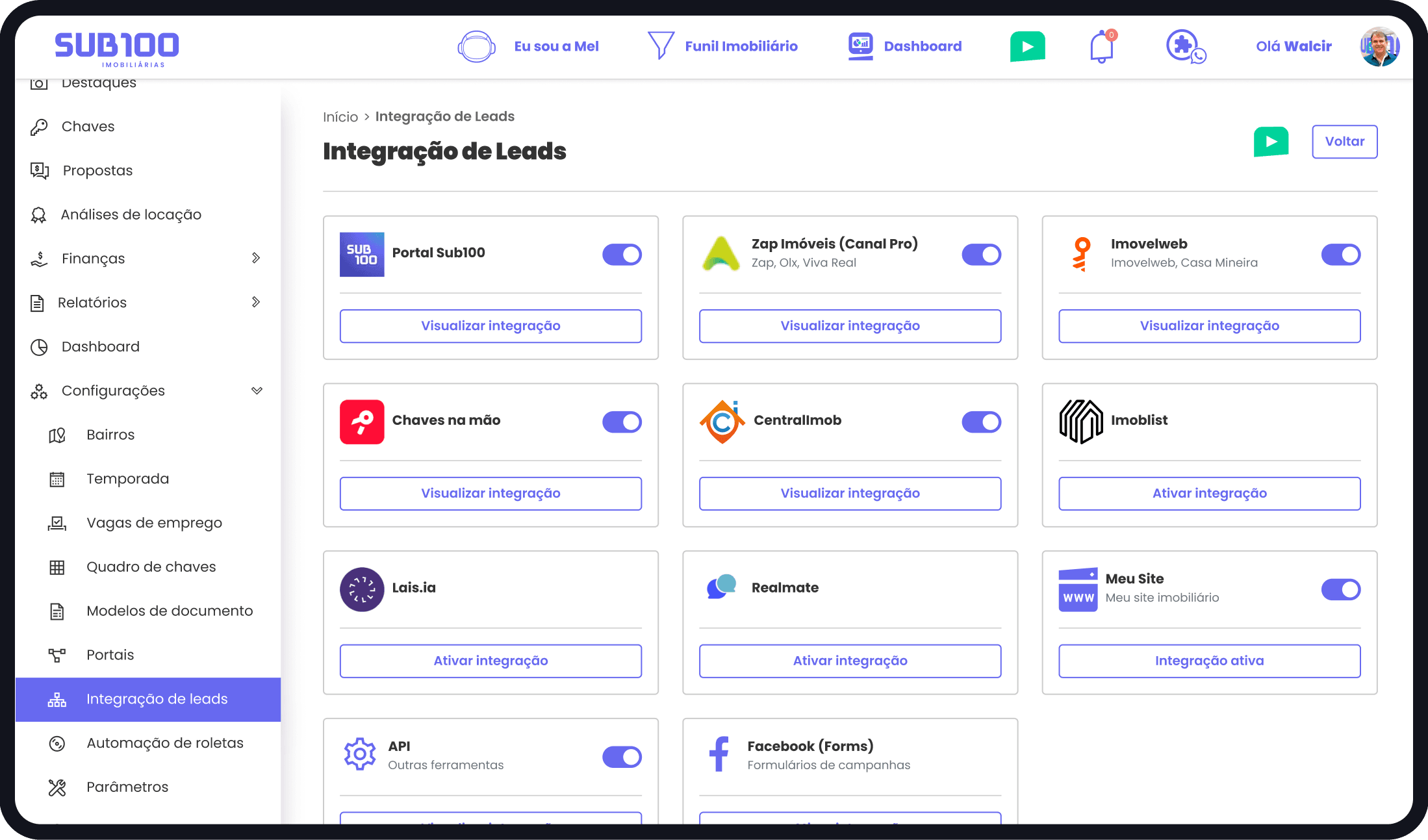 Painel do HUB de integrações