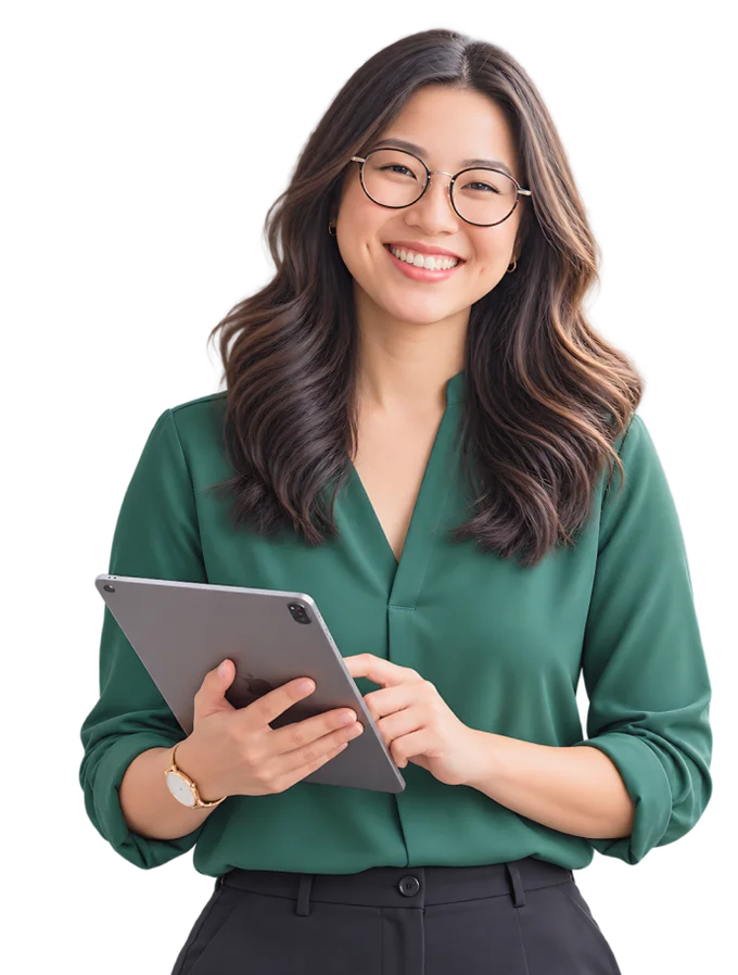 Corretora sorridente segurando um tablet