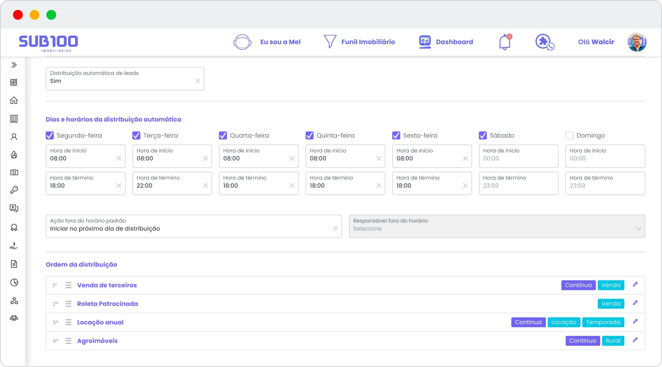 Tela de configuração da distribuição automática de leads do CRM